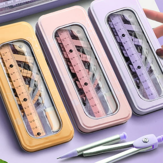 Math Geometry Set 8 Piece | Shatterproof Storage Box | Ruler Protractor Compass Eraser Triangles | 0.7mm Leads | Assorted Colors | 18x7.5cm | Durable Plastic Construction