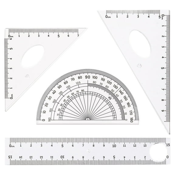 Math Geometry Tool Plastic Ruler Square Set Includes Straight Ruler, Triangles, Protractor for Study Home Office Supplies Clear