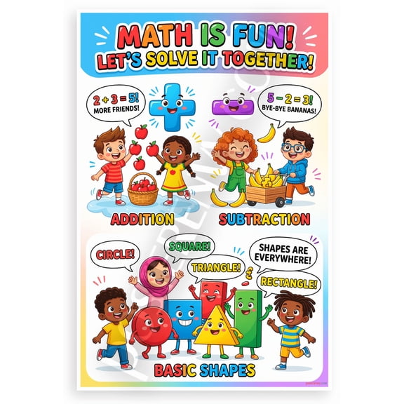 Math Is Fun Addition Subtraction Basic Shapes Kids 12x18 US Made Poster