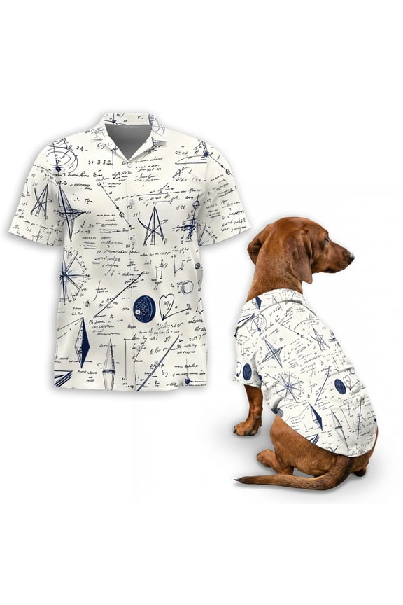Math Teacher Pattern Hawaiian Shirt, Black and White Math Notes Print Button Down Shirt for Adults or Dogs, Cuban Collar, Short Sleeve Polyester Summer Shirt