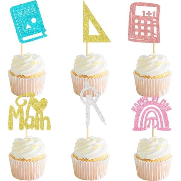 Math Theme Glitter Cupcake Toppers, 12 Pack, Math Book, Calculator, Ruler, Compass Shapes, Birthday Party Decorations