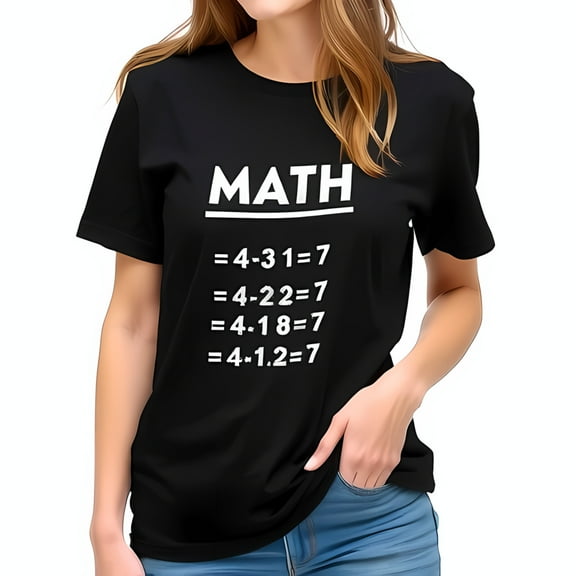 Math Themed Cotton Short Sleeve T-Shirt - Features 'MATH' with Fun Equations Always Equaling 7