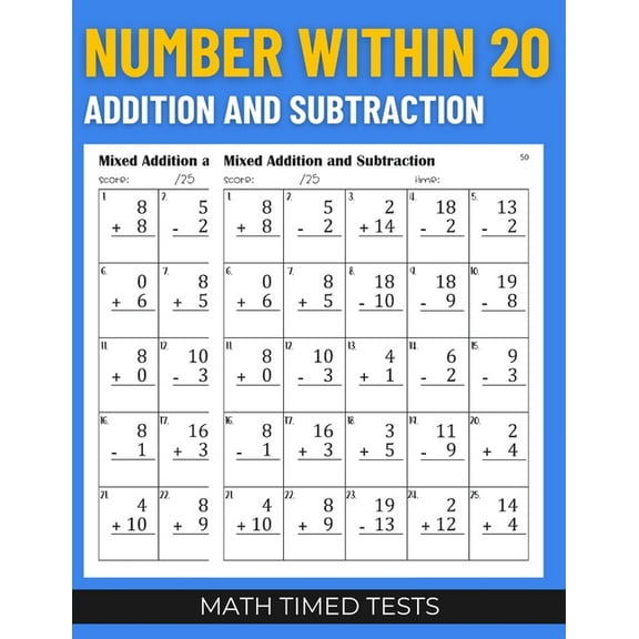 Math Timed Tests: Number within 20 Addition and Subtraction (Paperback) by Blue Monique Publishing
