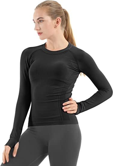 CRZ YOGA Women's Seamless Athletic Long Sleeves Sports Running Shirt  Breathable Gym Workout Top Black-Slim Fit X-Small at  Women's  Clothing store