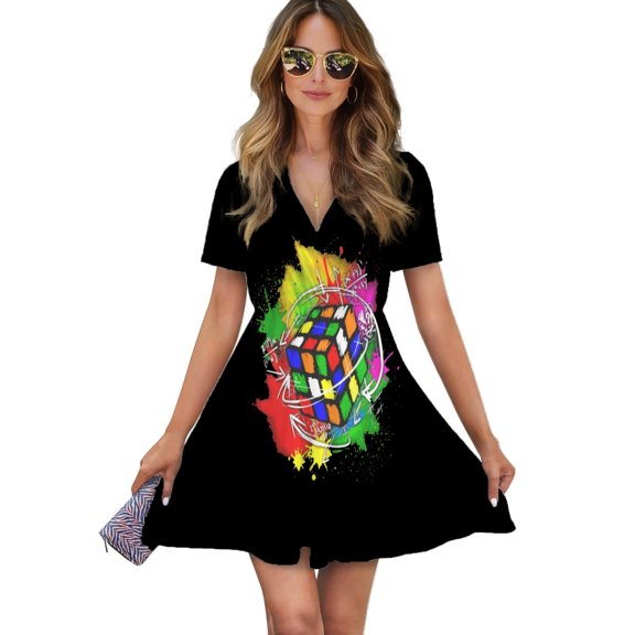 Mathematical Formula Cubo Women Dress V-Neck Short Sleeve Flowy Swing Party Midi Dress
