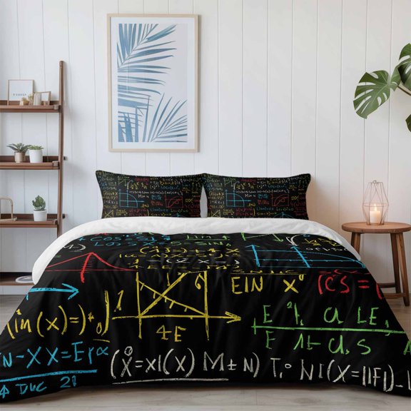 Mathematical Formulas Math Doodle California King Size Bed Set,Cartoon Style Bedding for All Seasons,4 Pcs Bed Set with 1 Quiltcover (96"x104"),1 Sheet (110"x98"),2 Pillowcases (20"x36")