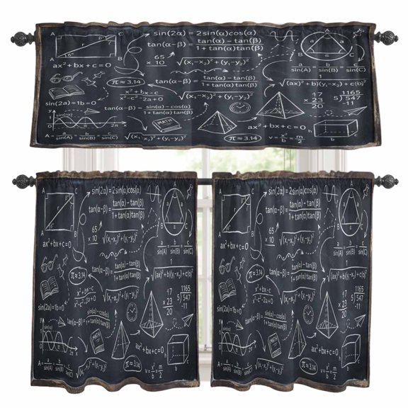 Mathematics Equations Kitchen Curtains Sets for Windows 24 Inch Length, Blackboard Math Numerical Geometric Rod Pocket Window Treatments Tier Curtains and Valances Set for Bedroom/Bathroom