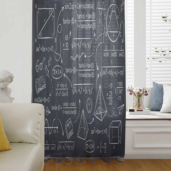 Mathematics Equations Sheer Curtains 54 Inches Long for Living Room/Bedroom, Blackboard Math Numerical Geometric Rod Pocket Voile Kitchen Curtains & Drapes Window Treatment 1 Panel, 52"W x 54"L