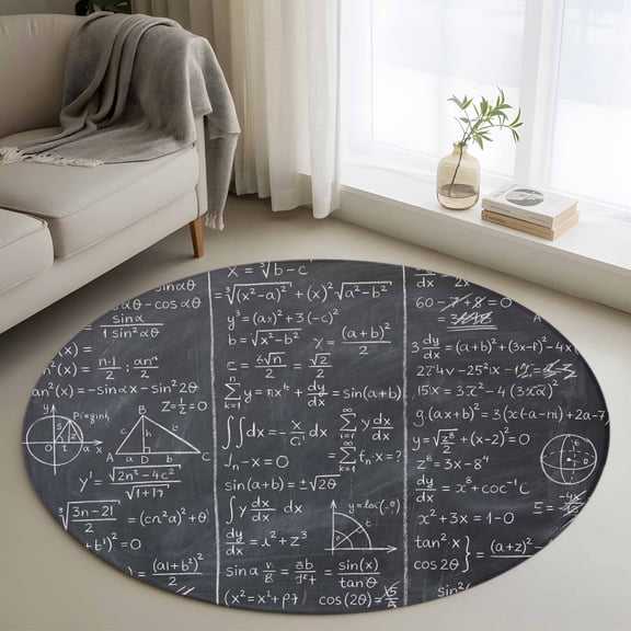 Mathematics Formulas Round Area Rug 4ft, Blackboard with Math Numerical Geometric Washable Non-Slip Circle Rugs for Bedroom Living Room Kitchen, Soft Non Shedding Circle Carpet for Dining Room Dorm