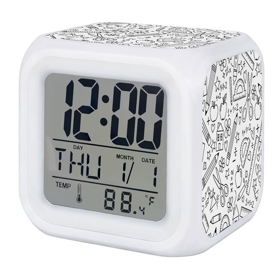Mathematics Tools Sketch Digital Alarm Clock for Bedrooms, Smart LED Alarm Clock with 7 Color Changing Night Light, White Modern Abstract Icons Silent Wake Up Clocks for Sleep Study Cooking 3.2"x3.2"
