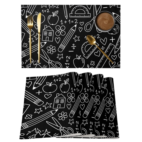 Mathematics Tools Sketch Placemats Set of 2 Black Modern Abstract Icons Place Mats Indoor Wipeable Table Mats Washable Cloth Dining Table Placemats for Kitchen Holiday Party Home Decor 13x19 Inch