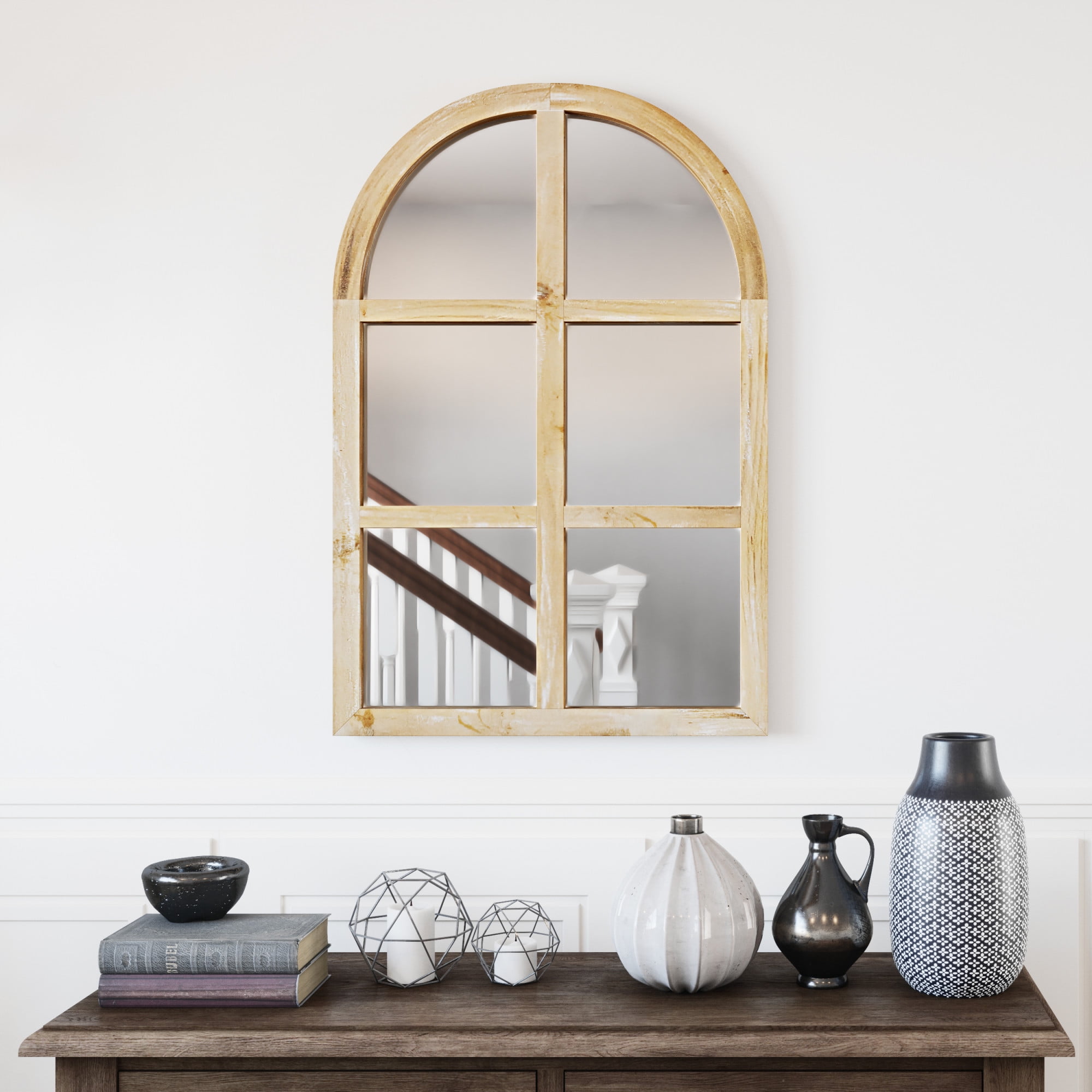 Matherne Farmhouse Arch Wood Window Decor Mirror