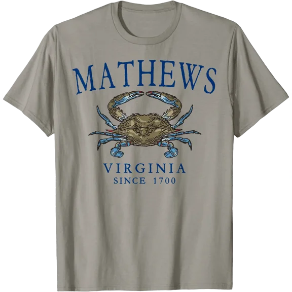 Mathews Virginia Crab Fishing Since 1700 Navy Blue Letters T-Shirt