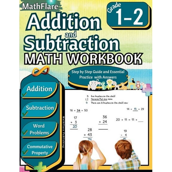 Mathflare Workbooks Addition and Subtraction Math Workbook 1st and 2nd Grade: Word Problems Grade 1-2, Exercises 1 to 50, Activities, Commut, Book 1, (Paperback)