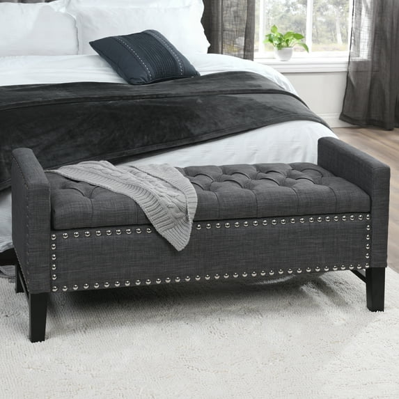Mathias Dark Grey Linen Storage Bench - Button Tufted, Silver Nailhead Trim, Multi Position