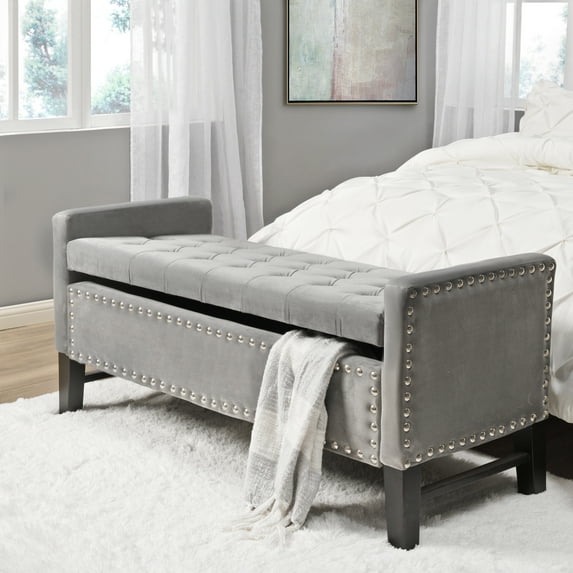 Mathias Light Grey Velvet Storage Bench - Button Tufted, Silver Nailhead Trim, Multi Position