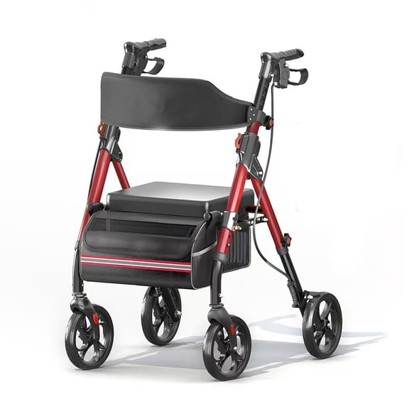 , Matinal Foldable Rollator Walkers with Seat for Seniors, 350 lb Capacity, 8'' Big Wheels, 6-Position Height, Premium Hybrid Rolling Walker - Aluminum and Carbon Steel (RED), Red ,