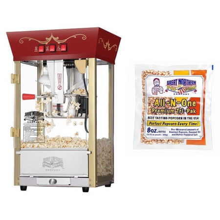 Matinee Countertop Popcorn Machine – 3 Gallon Popcorn Popper, 8oz Kettle, Warmer, and 5 All-In-One Popcorn Packs by Great Northern Popcorn (Red)