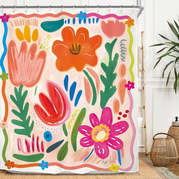 Matisse Colorful Flower Waterproof Shower Curtain Set Cute Bright Retro Art Polyester Waterproof Cloth Bathroom Curtain with Hooks 36"W x 72"L (Pack of 1)