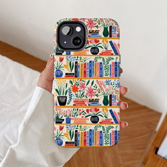 Matisse Inspired Bookshelf iPhone Case – Tough Glossy Floral Bookish Phone Cover with Books and Flowers Design, Gift for Book Lovers