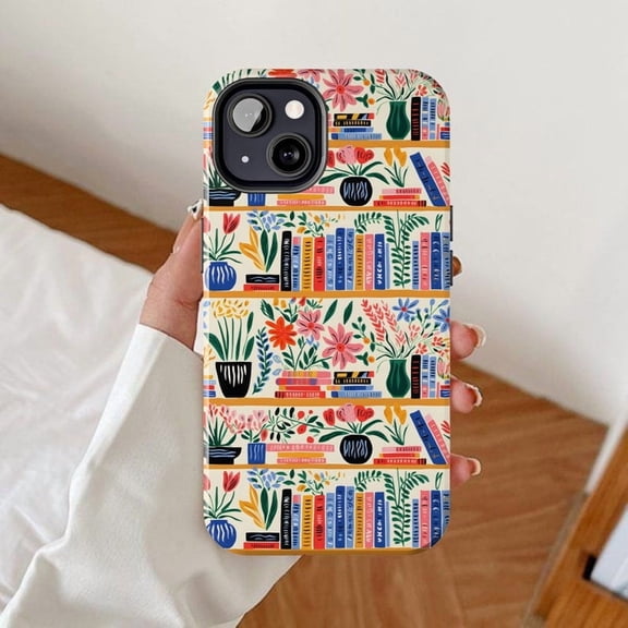 Matisse Inspired Bookshelf iPhone Case – Tough Glossy Floral Bookish Phone Cover with Books and Flowers Design, Gift for Book Lovers