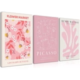 Matisse Picasso Pink Canvas Wall Art Framed Set of 3 Abstract Flower ...