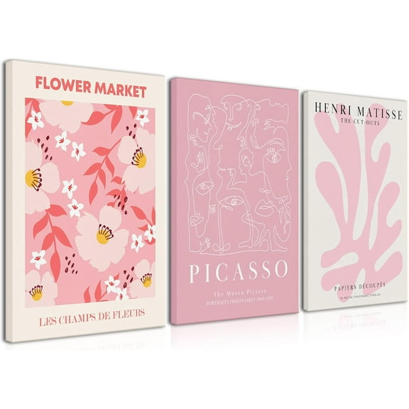 Matisse Picasso Pink Canvas Wall Art Framed Set of 3 Abstract Flower Market Prints Cute Posters Aesthetic Pictures Paintings Wall Decor for Girls Bedroom Dorm Apartment Living Room 12x16in