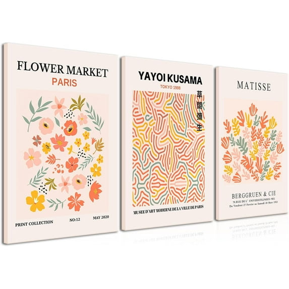 Matisse Wall Art Print Framed Yayoi Kusama Abstract Floral Poster Flower Market Canvas Painting ColorfulAesthetic Picture Vintage Room Decor for Bedroom Bathroom Gallery Living Room 12"x16"x3
