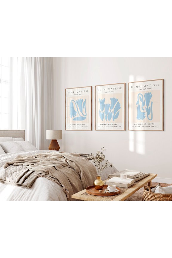 Matisse print, blue art prints matisse, 3 piece wall art aesthetic, exhibition poster, flower market print matisse, Stretched Canvas