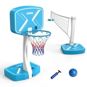 Matladin 2-in-1 Pool Basketball Hoop & Volleyball Net for Inground Pools,Swimming Poolside Game Set for Kids Adults, 4 Balls & 1 Air Pump