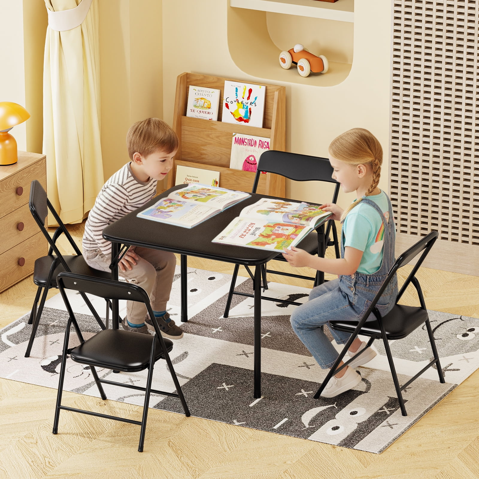 Matladin 3-Piece Kids Folding Table and Chairs Set, Metal Frame Children's Activity Set with Easy-Fold Design, Kids Table with 4 Chairs
