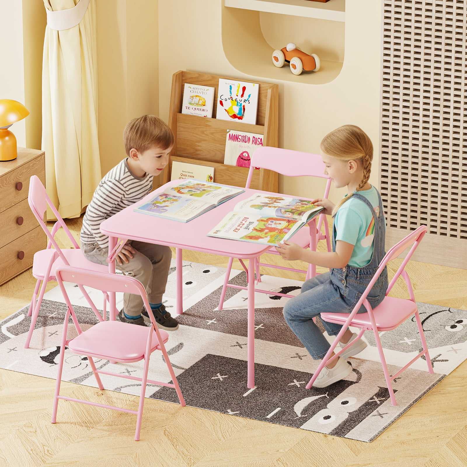 Matladin 3-Piece Kids Folding Table and Chairs Set, Metal Frame Children's Activity Set with Easy-Fold Design, Kids Table with 4 Chairs