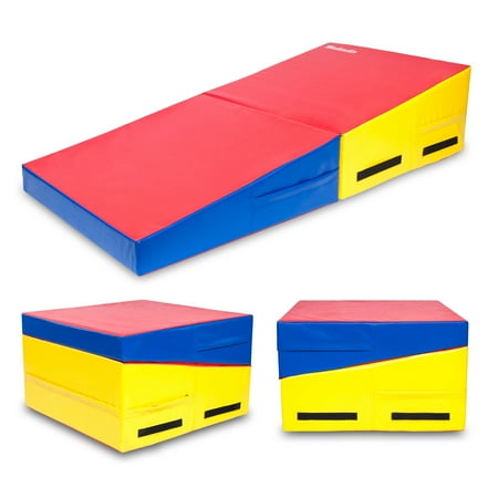 Matladin 55"x28"x14"Folding Gymnastics Cheese Wedge Incline Mat for Kids Girls Home Training Exercise, Red+Yellow+Blue