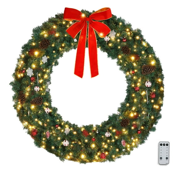 Matladin 60" Pre-lit Christmas Wreath with 220 LED Lights, 600 PVC Branches, Artificial Wreath, Remote Control, Timer, Plug-in, for Indoor Outdoor Christmas Decorations