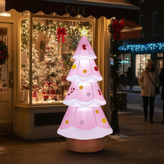 ROVSUN 7.2ft Christmas Inflatables, Pink Christmas Tree Inflatable Decoration with LED Lights, Built in Blower Stakes & Tethers for Outdoors