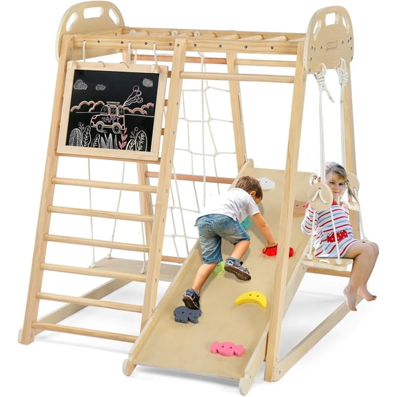 Matladin 8-in-1 Jungle Gym for Toddlers with Swing and Hanging-Bridge, Indoor Wooden Playground with Slide, Blackboard, Ladders for Toddler Climbers