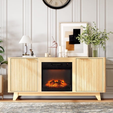 Matladin Fireplace TV Stand with 18'' Electric Fireplace up to 70'' TVs, with Electric Heater & Adjustable Shelves, 70'' Fireplace Media Console Table