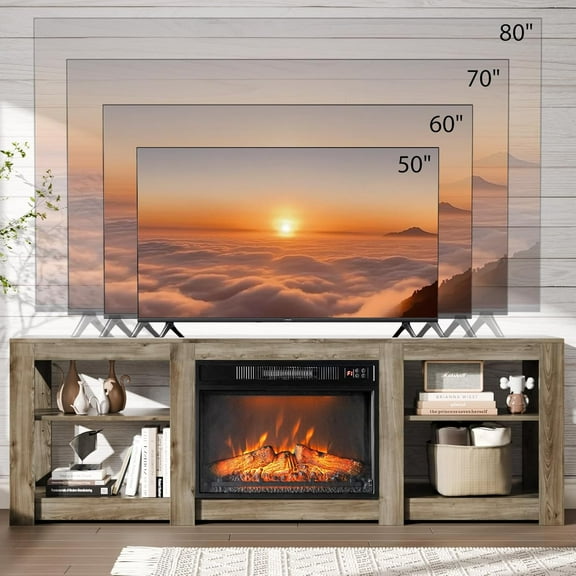Matladin Fireplace TV Stand with 23'' Electric Fireplace up to 80'' TVs, with Electric Heater & Adjustable Shelves, 70'' Fireplace Media Console Table