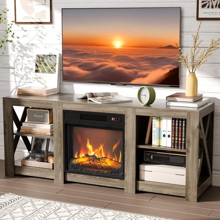 Matladin Fireplace TV Stand with 18'' Electric Fireplace up to 70'' TVs, with Electric Heater & Adjustable Shelves, Fireplace Media Console Table
