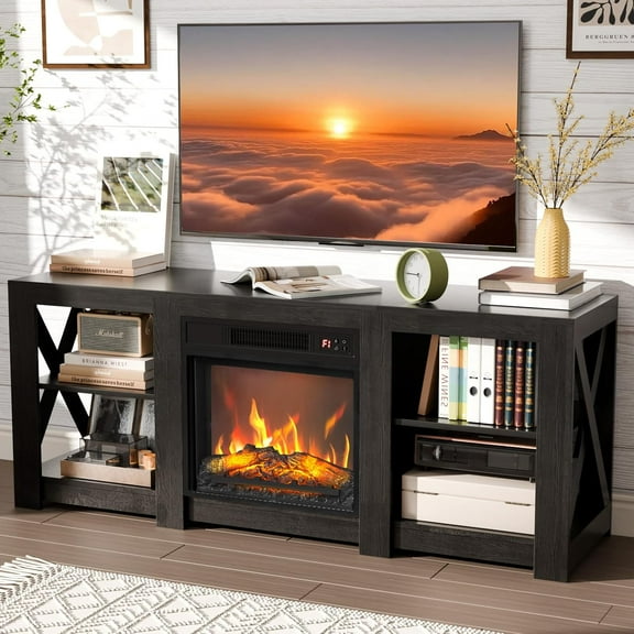 Matladin Fireplace TV Stand with 18'' Electric Fireplace up to 70'' TVs, with Electric Heater & Adjustable Shelves, Fireplace Media Console Table