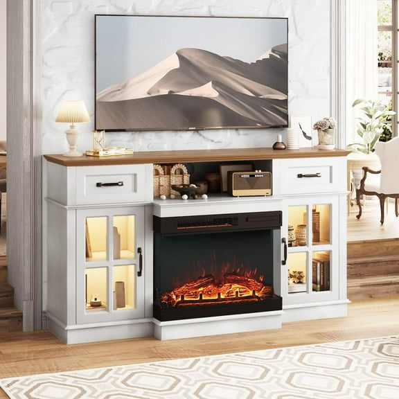 Matladin Fireplace TV Stand with 24'' Electric Fireplace up to 65'' TVs, 3-Sided Glass Entertainment Center with Heater & Glass Doors and Drawers