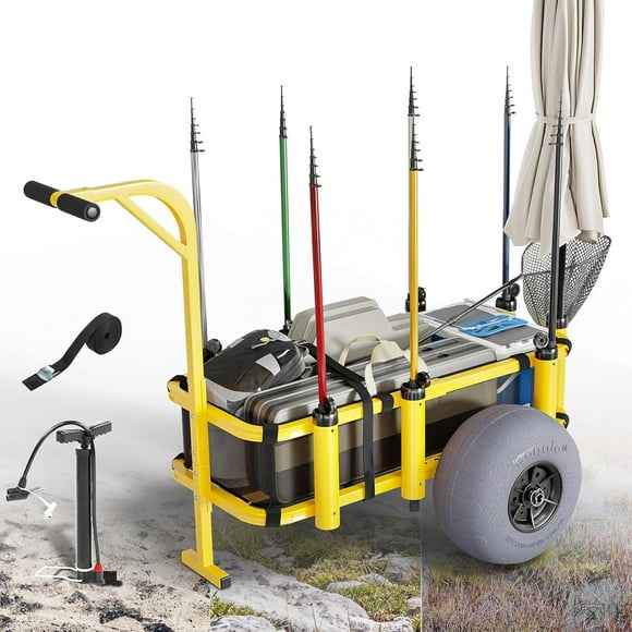 Matladin Fishing Cart, Foldable Beach Trailer with 13" Big Balloon Wheels, Sand Wagon Trolley, 300 lbs Load Capacity, 8 Fishing Rod Holders, Mesh Bag, Hand Pump