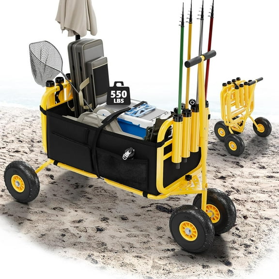 Matladin Fishing Cart, Foldable Trolley with 11" Airless Tires, Beach Trailer with Large Cargo Basket, 550 lbs Load Capacity, 8 Fishing Rod Holders, Durable Oxford Bag