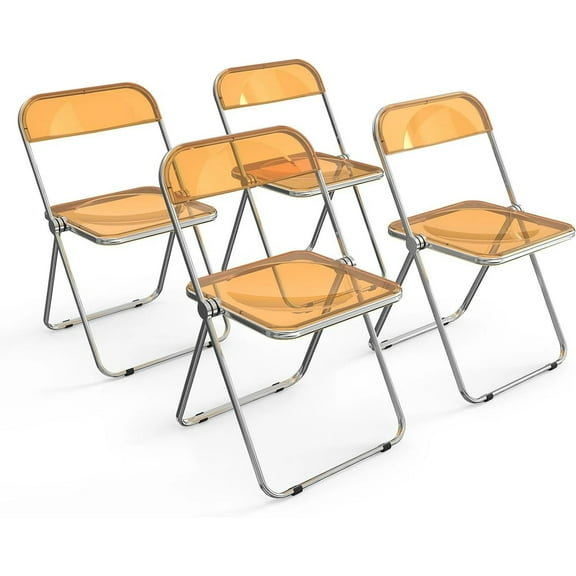 Matladin Folding Chairs 4 Pack, Clear Chair, Acrylic Plastic Panel & Metal Chrome Frame, Foldable and Stackable, 350 lbs Capacity, Orange.