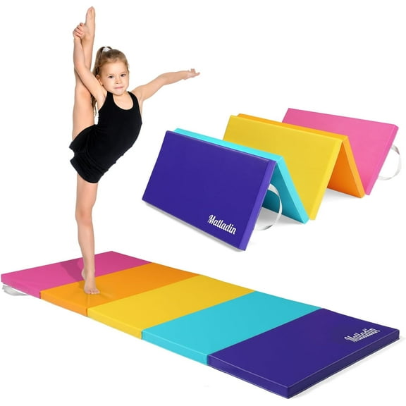 Matladin Folding Gymnastics Gym Exercise Aerobics Mat, 76"L x 30"W x 1.5"Th Folding Exercise Mat, Easy to Clean PU Leather Tumbling Mats for Stretching Yoga Cheerleading Martial Arts(Pink ,Blue）