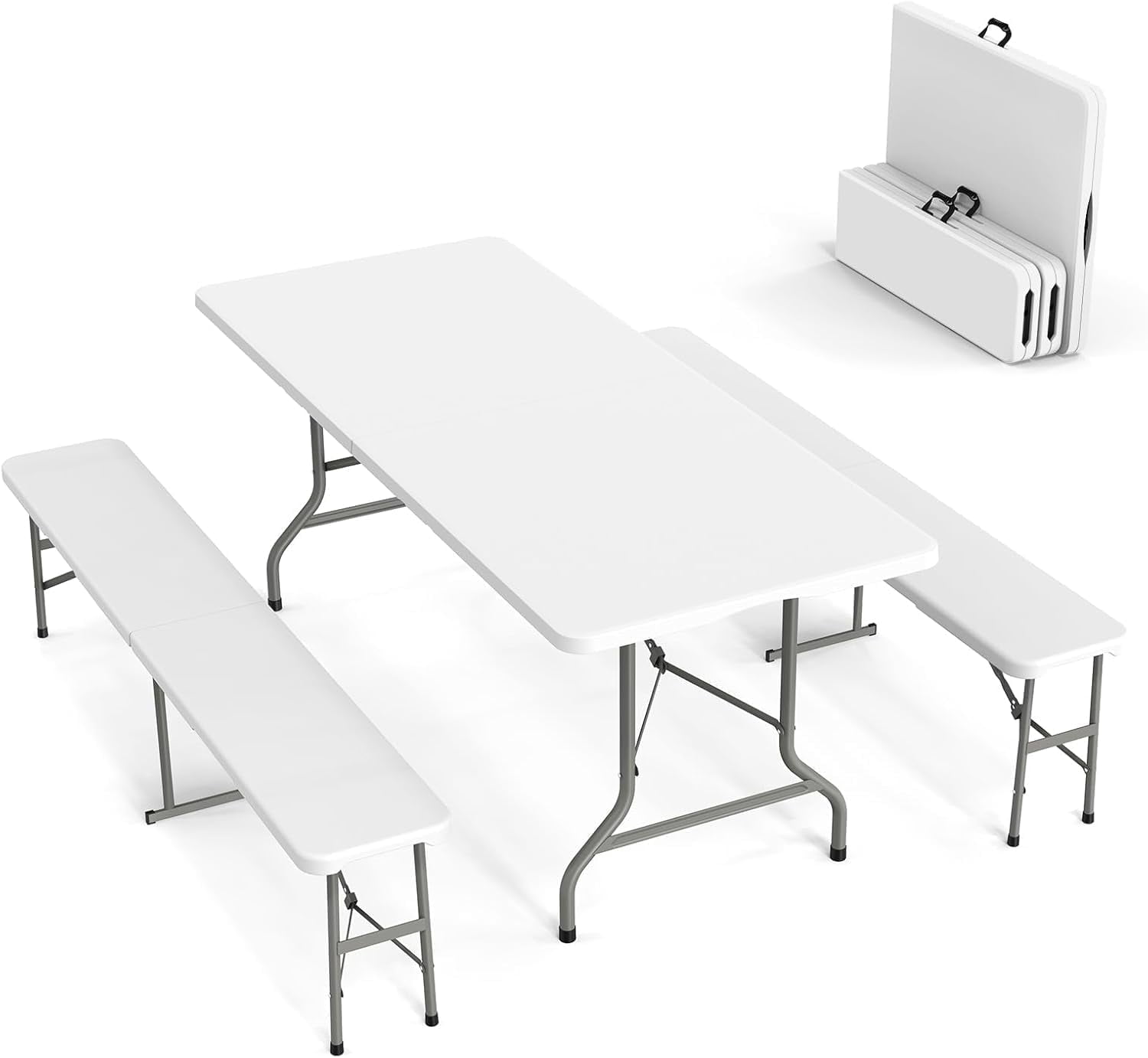 Matladin Folding Table Picnic Table Set, 6 ft Camping Table with 2 Benches, Outdoor Portable Folding Furniture for Party, Camping, Picnic, White