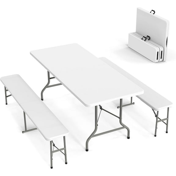 Matladin Folding Table Picnic Table Set, 6 ft Camping Table with 2 Benches, Outdoor Portable Folding Furniture for Party, Camping, Picnic, White