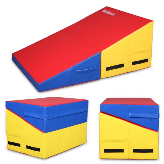JOYMOR Gymnastics Cheese Wedge Incline Mat, Small Size 32.7"x 23.6"x 13.4" Gym Fitness Tumbling Skill Shape Mat for Kids Girls Skill Training Exercise, Red+Yellow+Blue