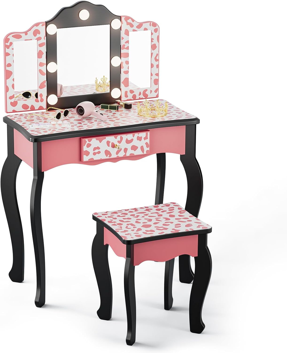 Matladin Kids Vanity Table and Chair Set with Leopard Print, Tri-Fold Mirror & Lights, Girls Vanity, Princess Makeup Desk for Girls