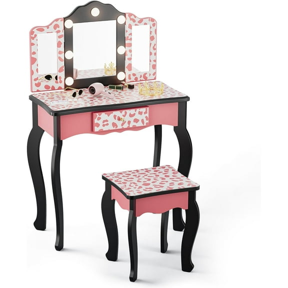 Matladin Kids Vanity Table and Chair Set with Leopard Print, Tri-Fold Mirror & Lights, Girls Vanity, Princess Makeup Desk for Girls